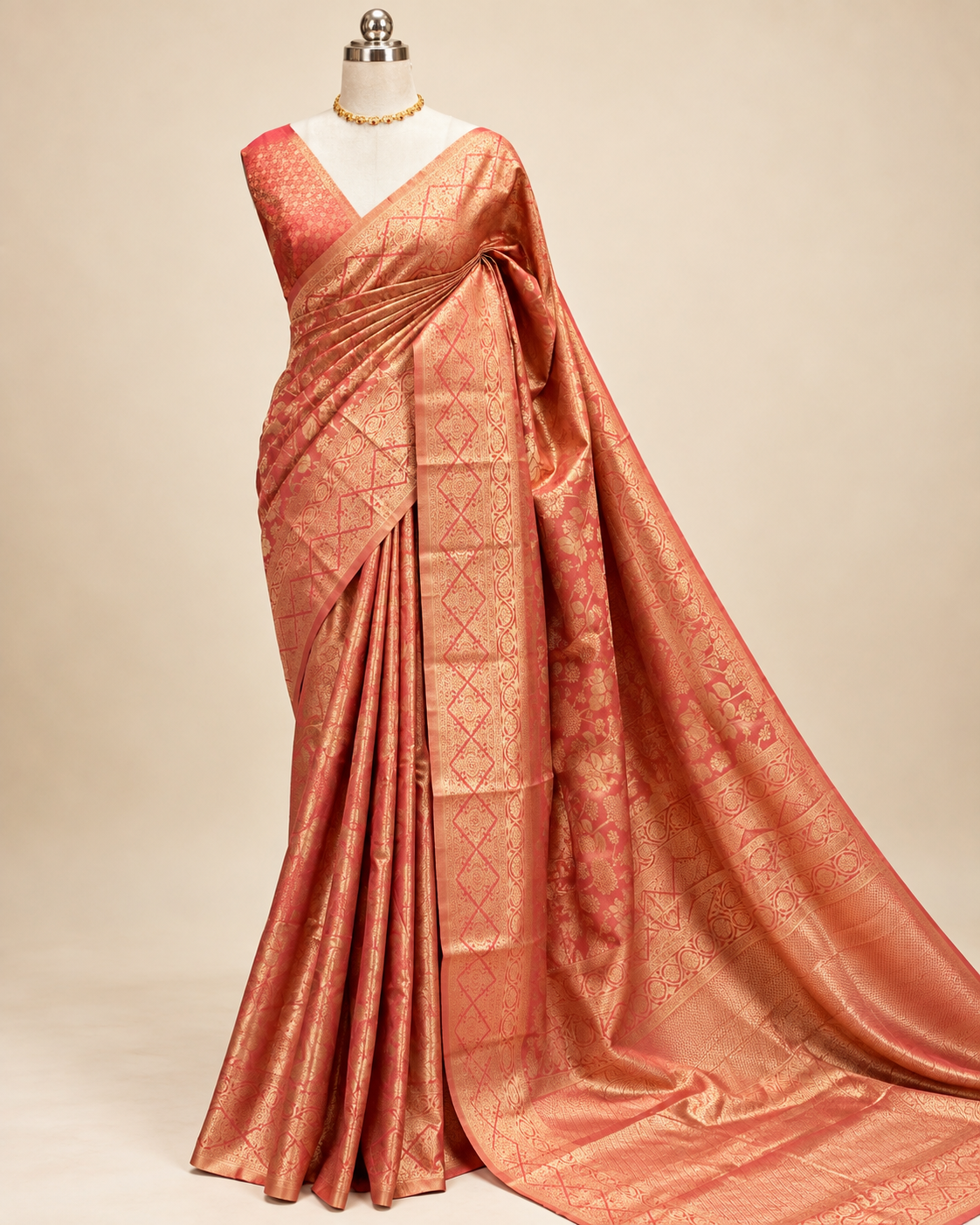 Peachy Coral Tissue Silk Saree LUXST08