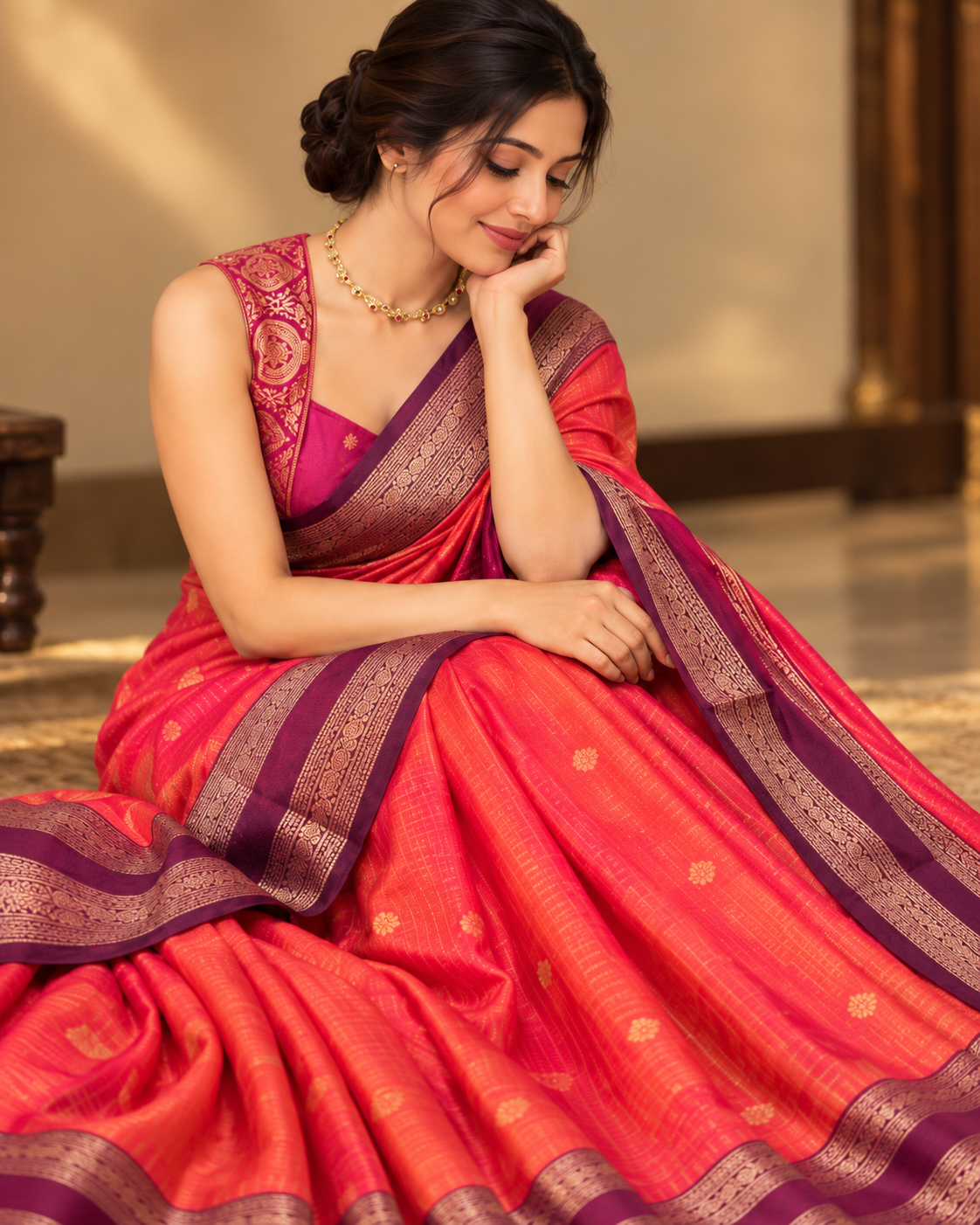 Coral Red Semi Banarasi Saree LUXSB02