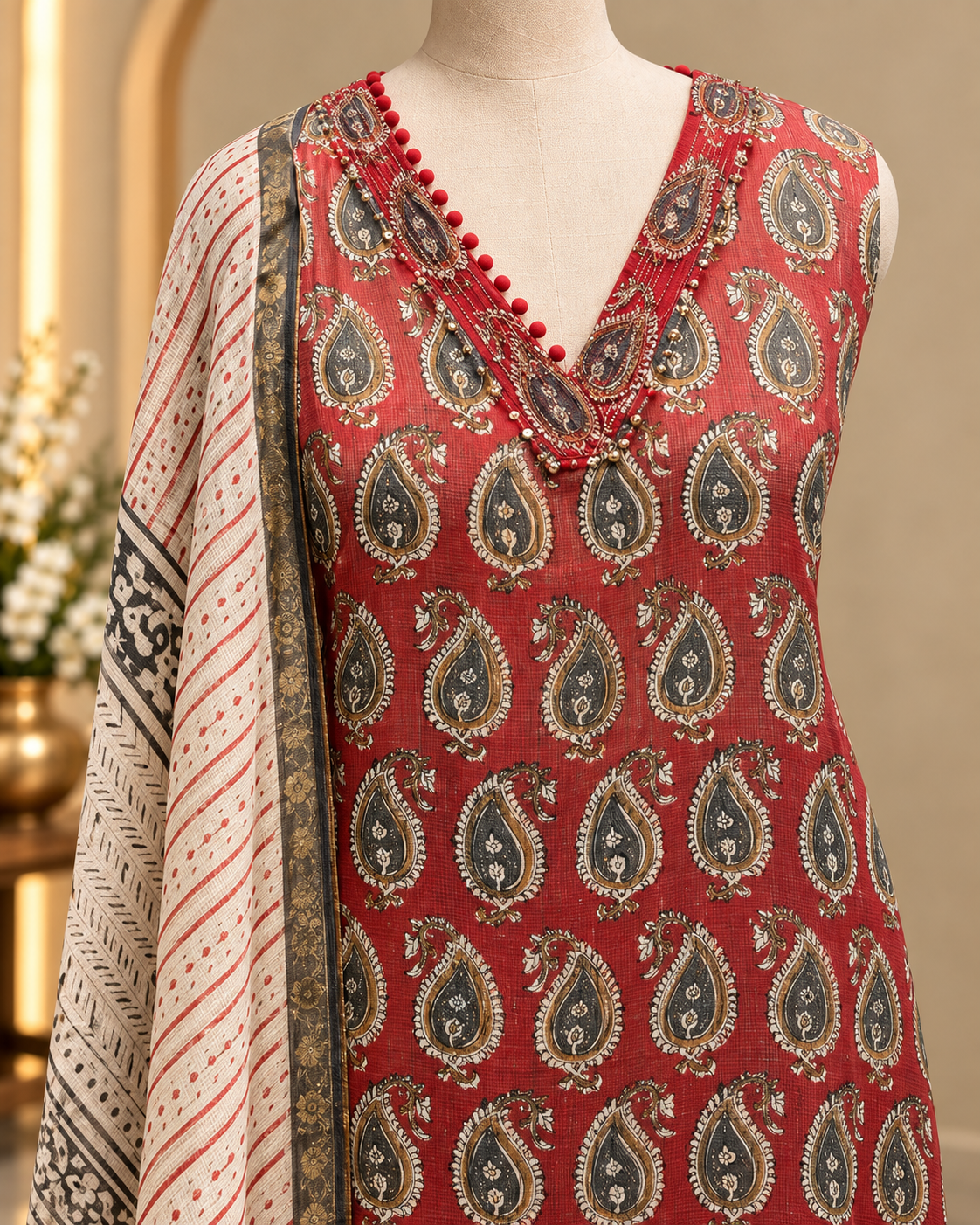 Maroon With Black Kota Unstitched Salwar Suit Set LUXU02