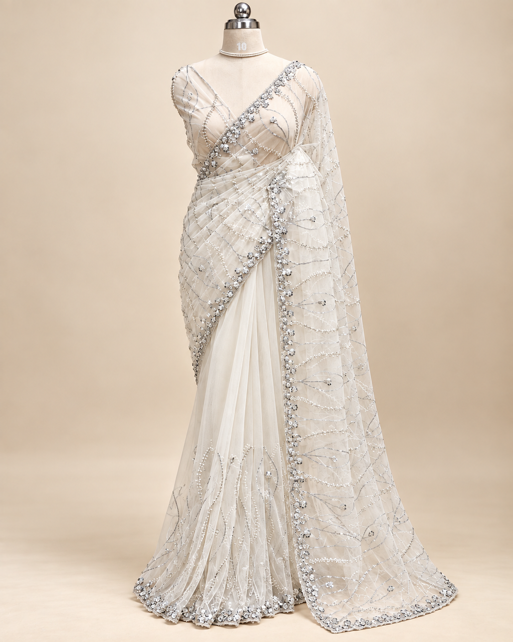 Offwhite Net Saree LUXE004