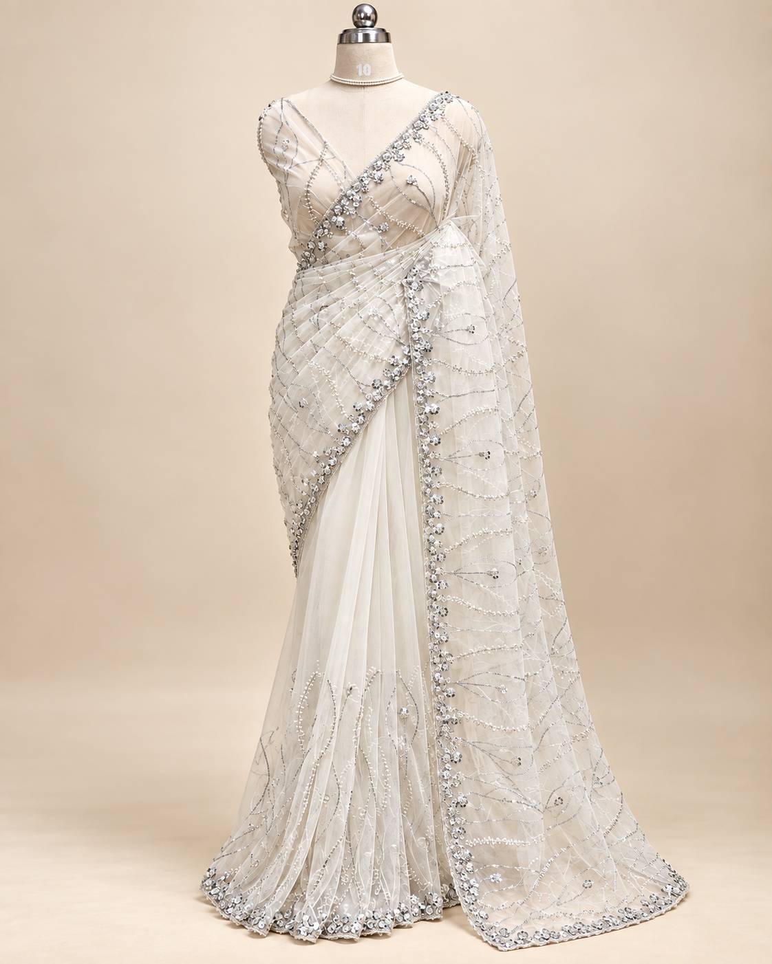 Offwhite Net Saree LUXE004