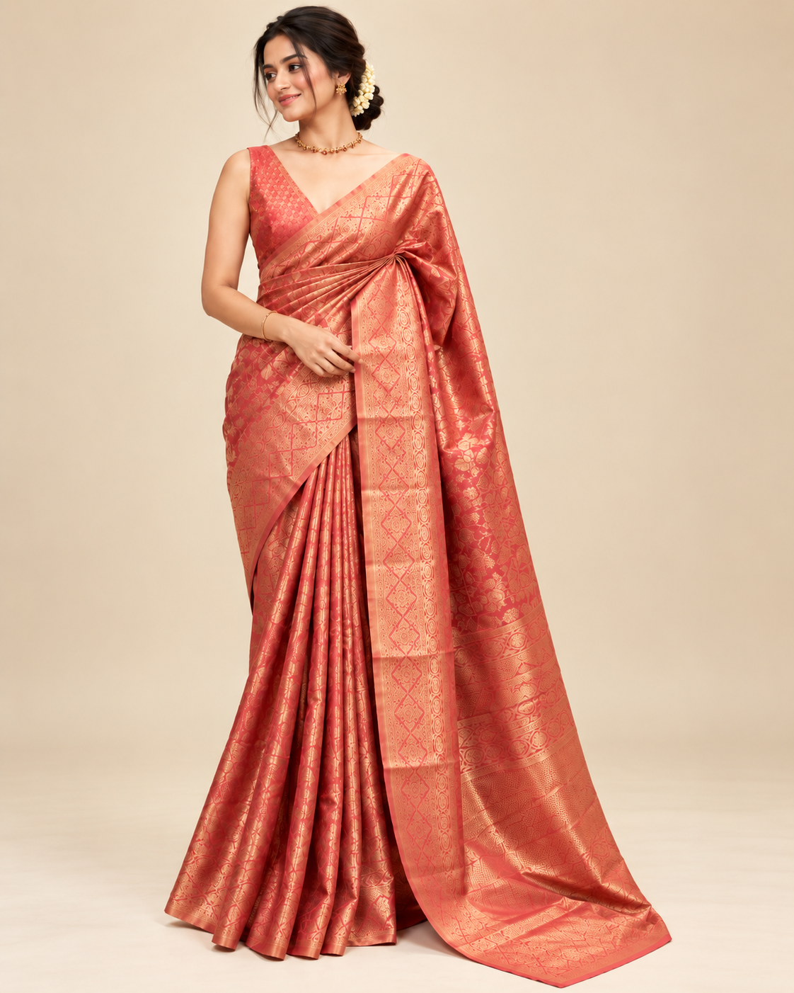 Peachy Coral Tissue Silk Saree LUXST08