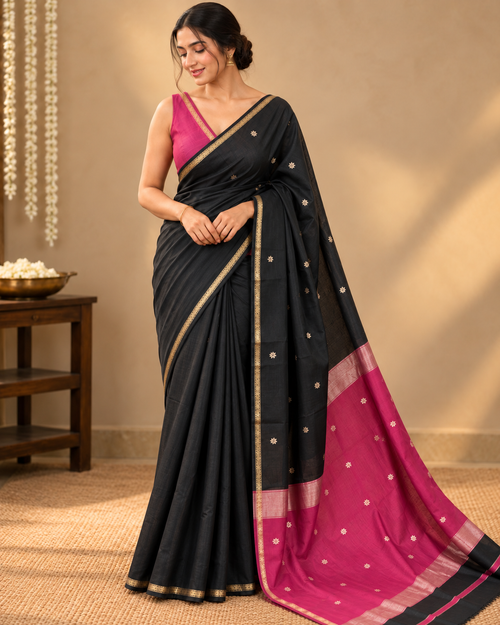 Black Maheshwari Silk Cotton Saree LUXSM01
