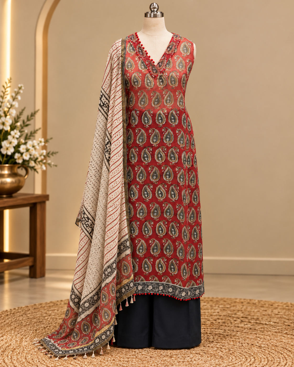 Maroon With Black Kota Unstitched Salwar Suit Set LUXU02