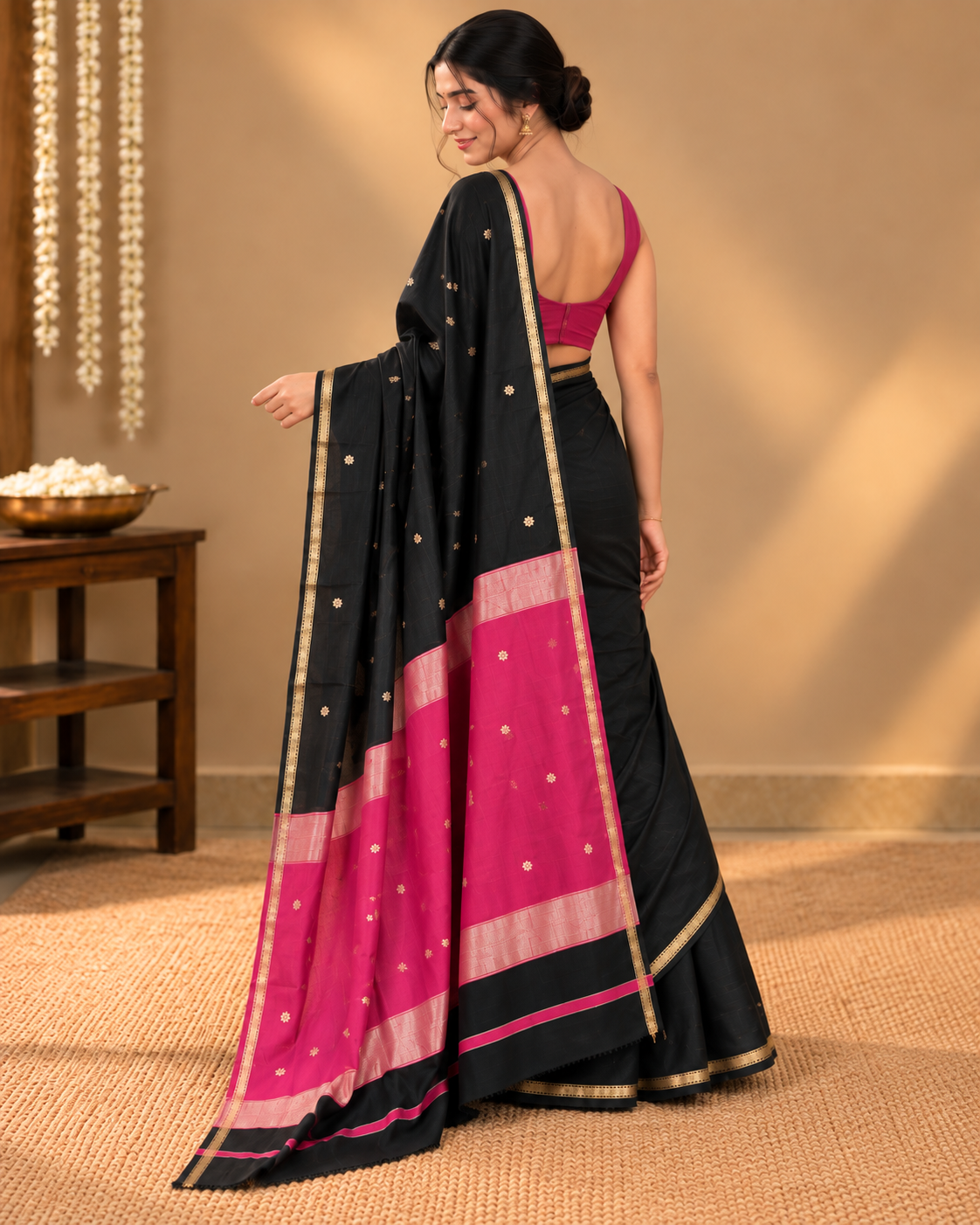 Black Maheshwari Silk Cotton Saree LUXSM01