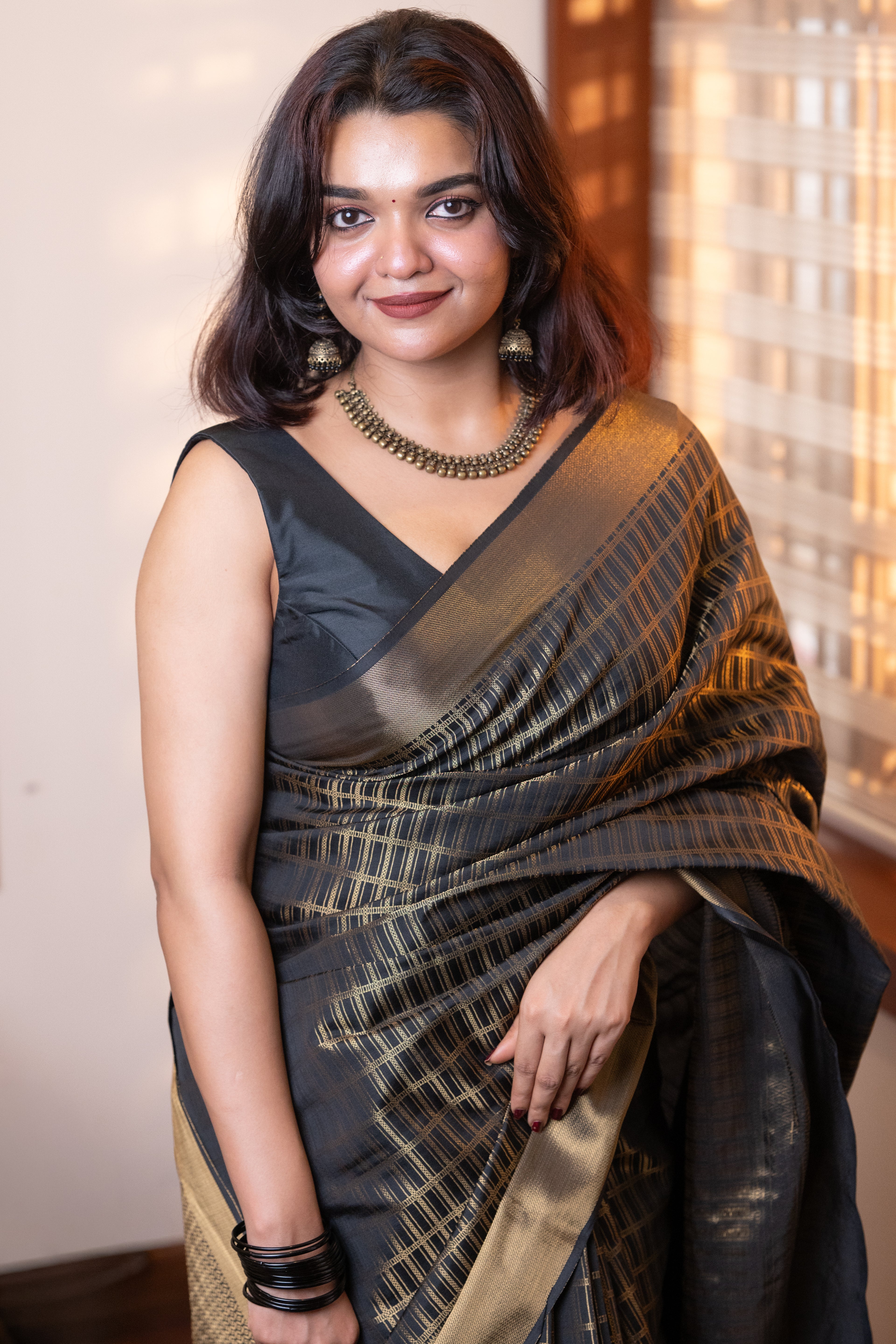 Black Brocade semi silk saree