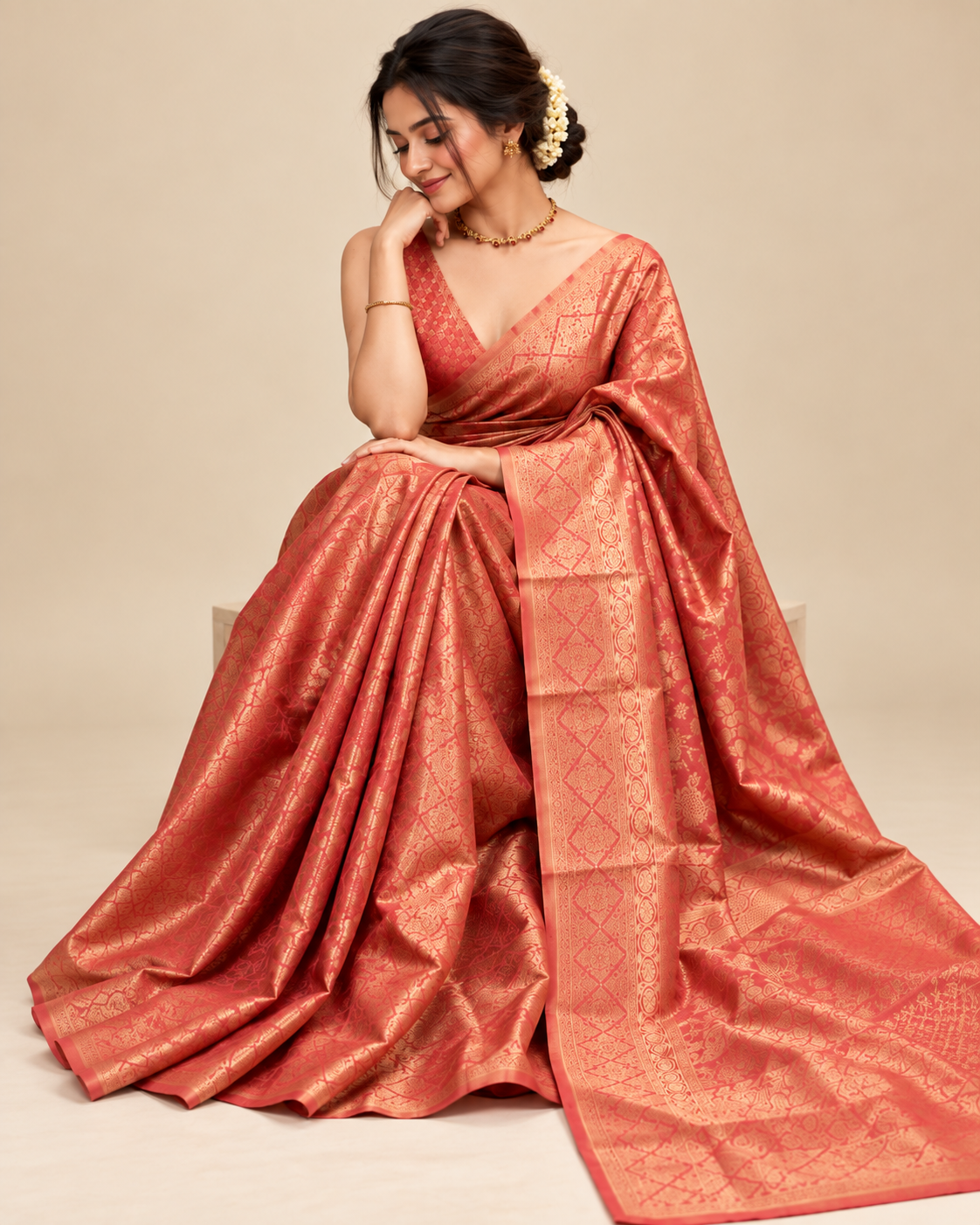 Peachy Coral Tissue Silk Saree LUXST08