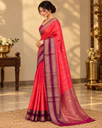 Coral Red Semi Banarasi Saree LUXSB02
