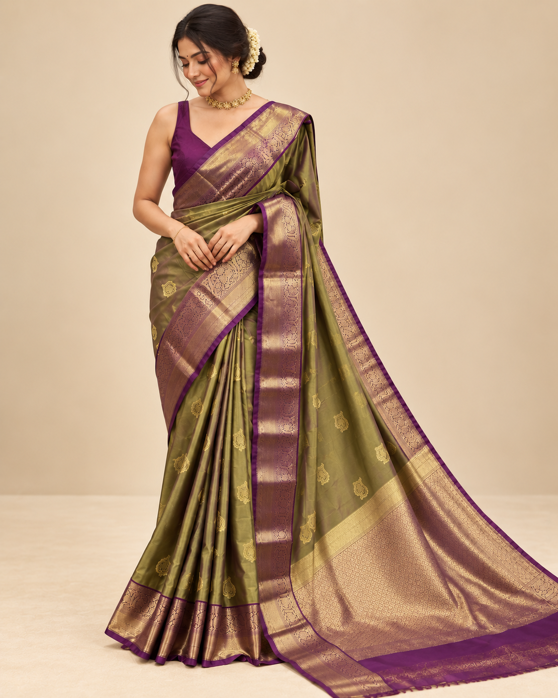 Olive Green With Purple Soft Silk Saree LUXSS38
