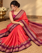 Coral Red Semi Banarasi Saree LUXSB02