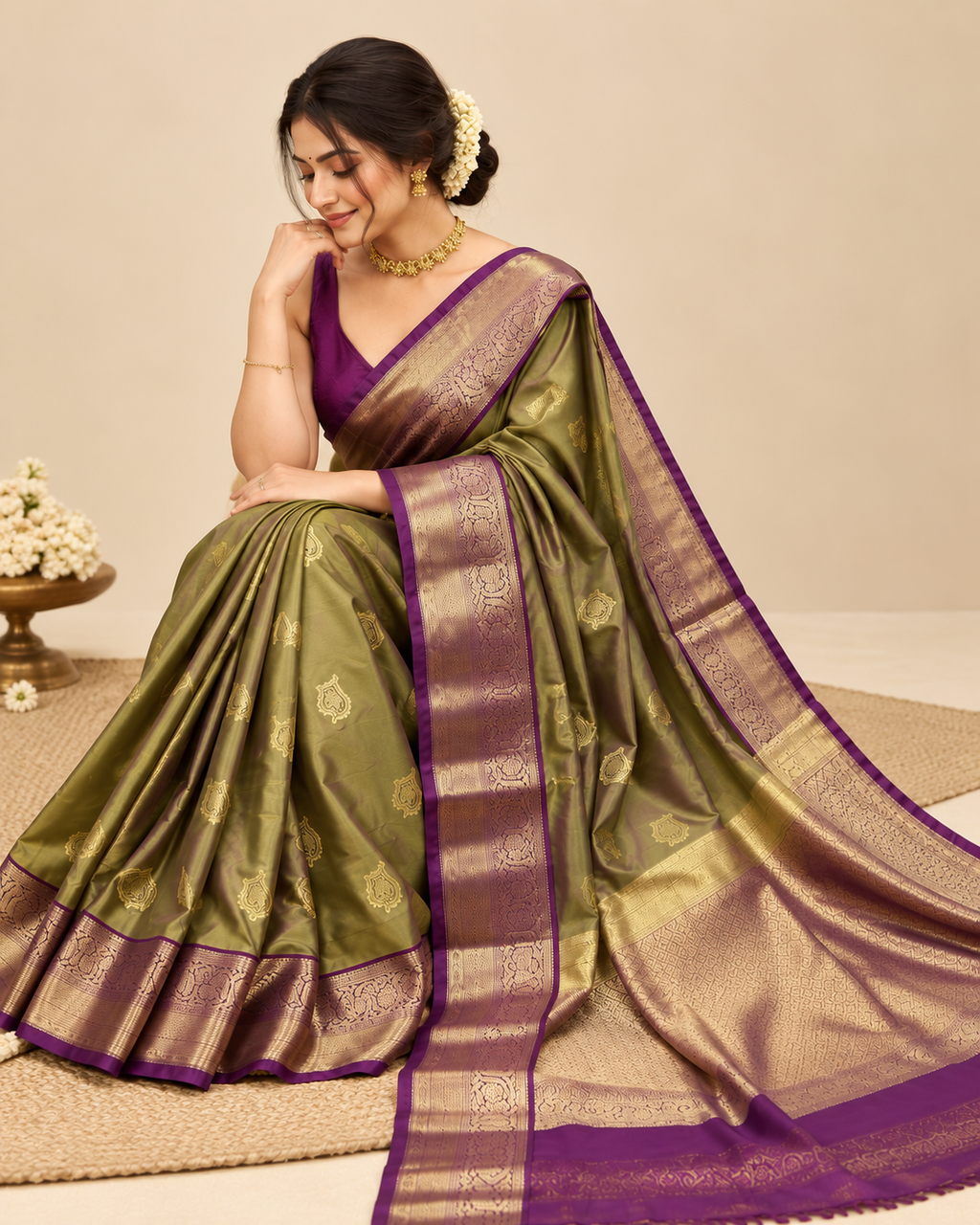Olive Green With Purple Soft Silk Saree LUXSS38