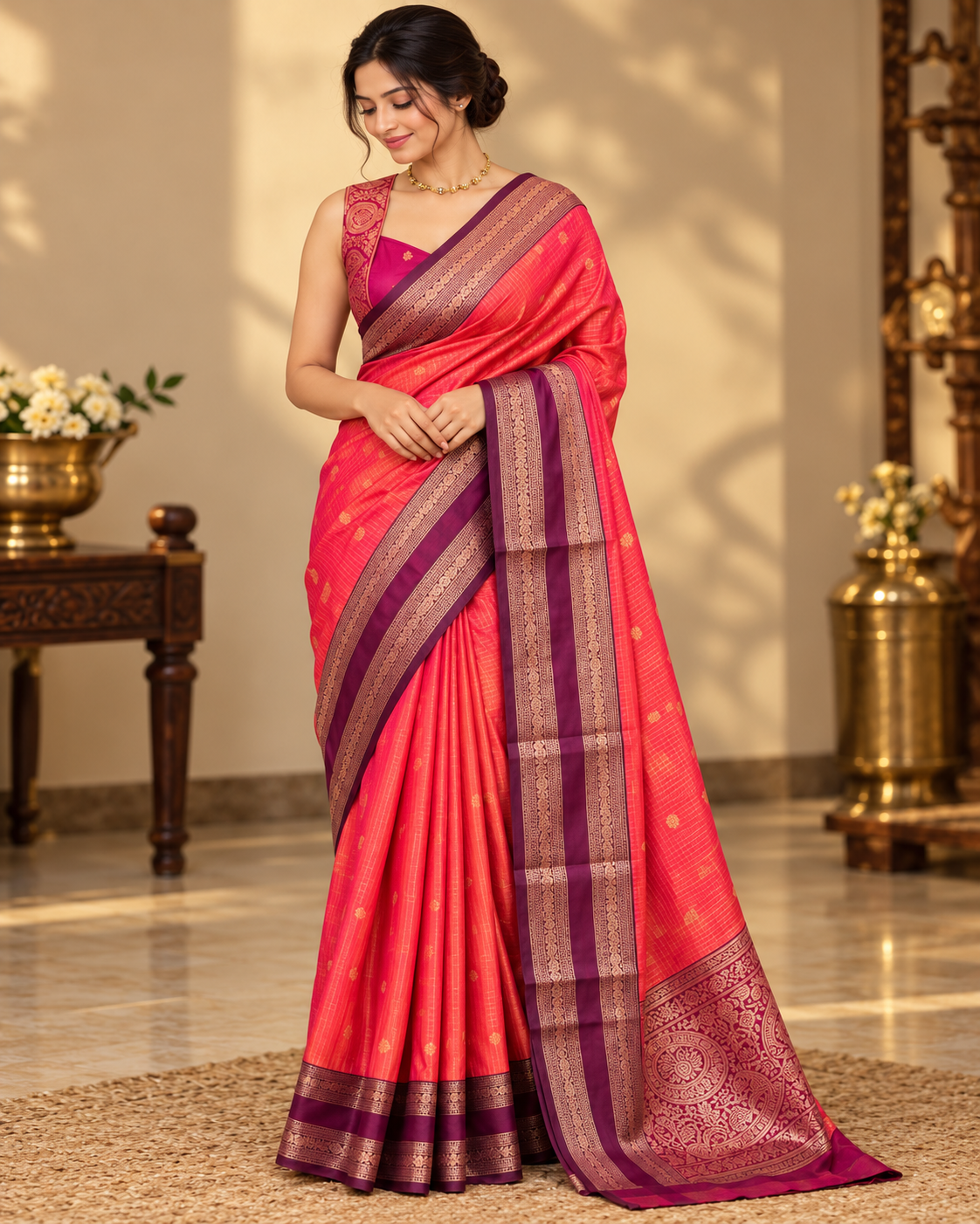 Coral Red Semi Banarasi Saree LUXSB02