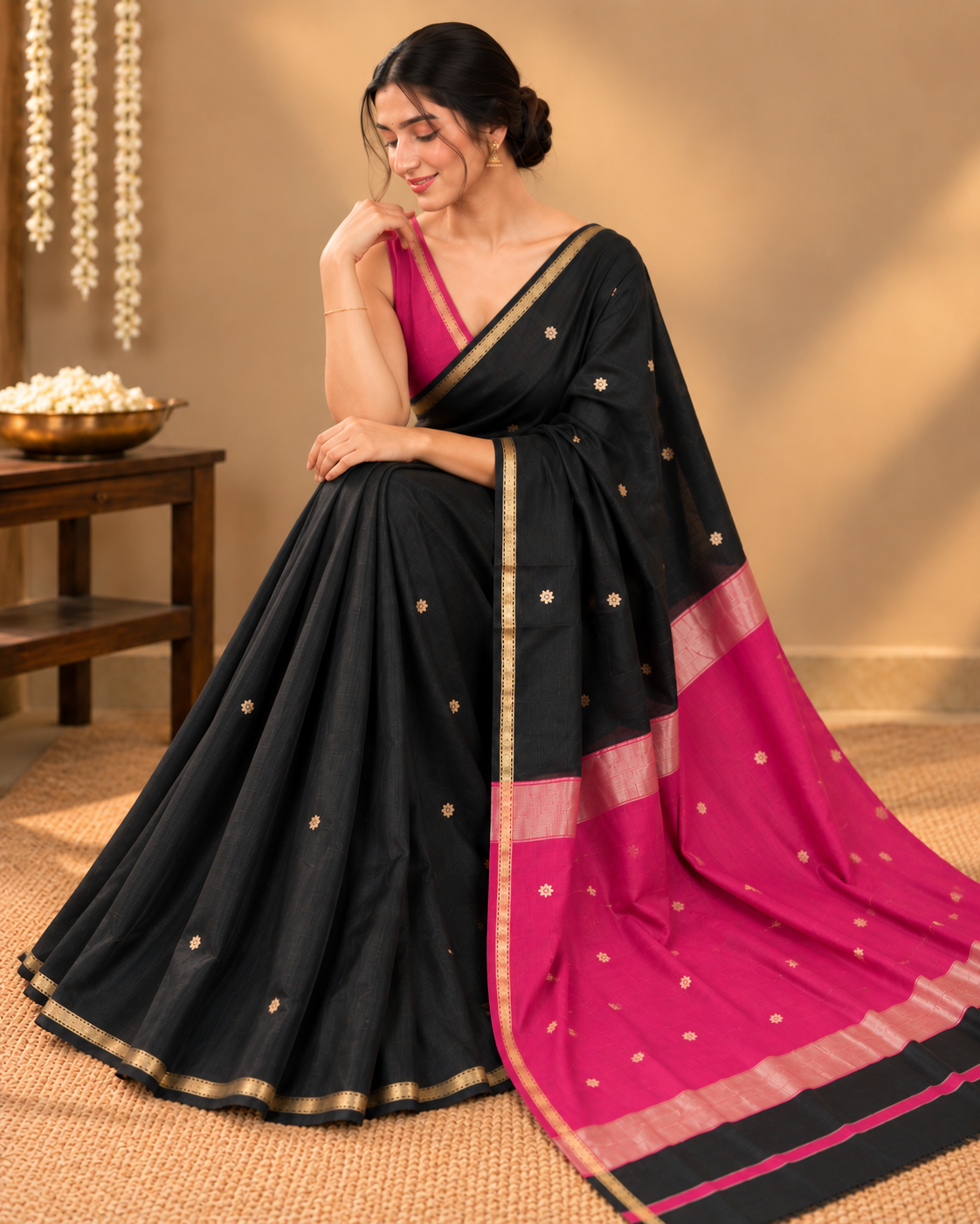 Black Maheshwari Silk Cotton Saree LUXSM01