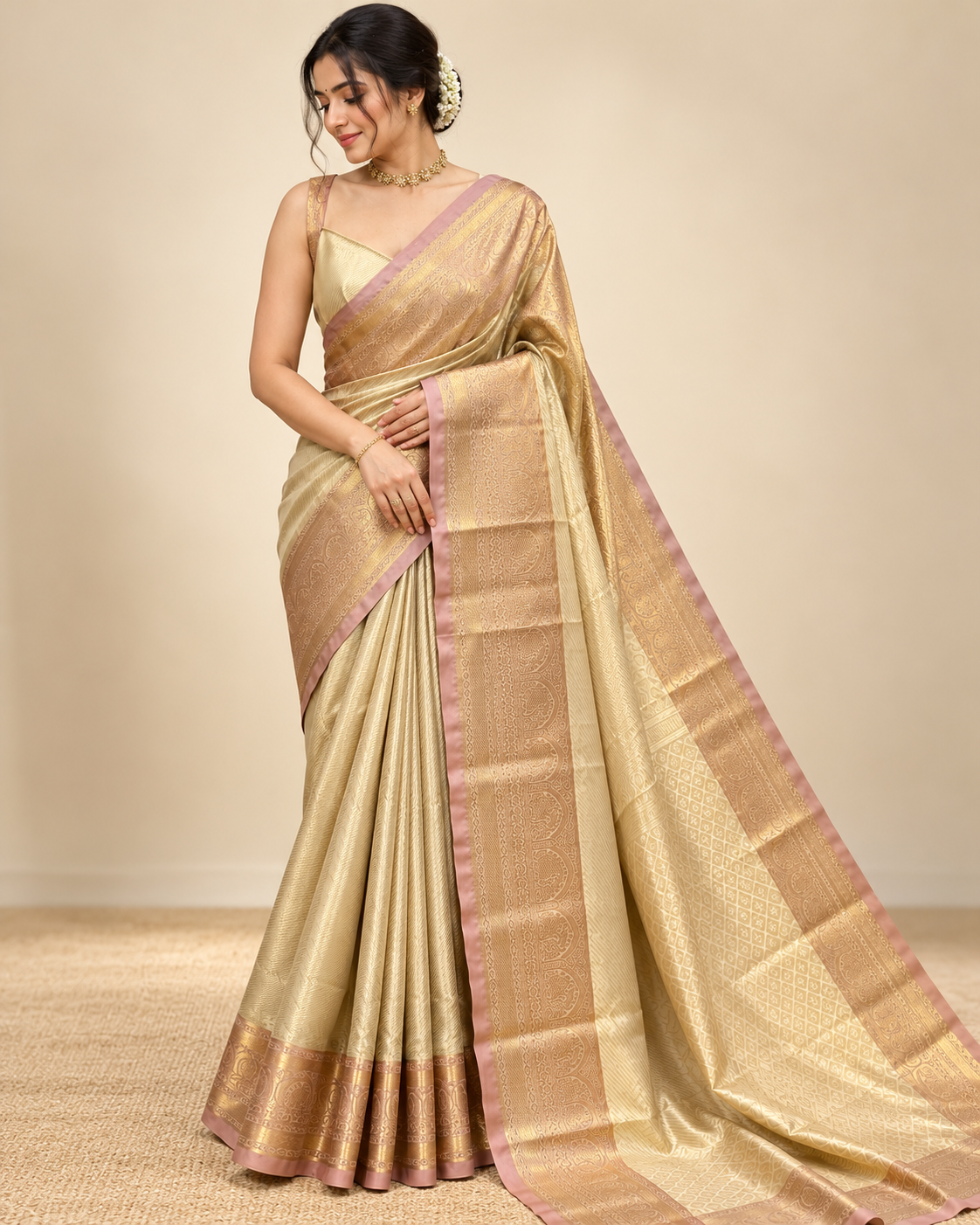 Light Gold Semi Kanchipuram Silk Saree