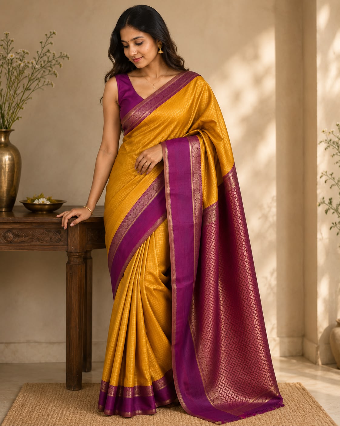 Mustard Yellow Semi Silk Saree