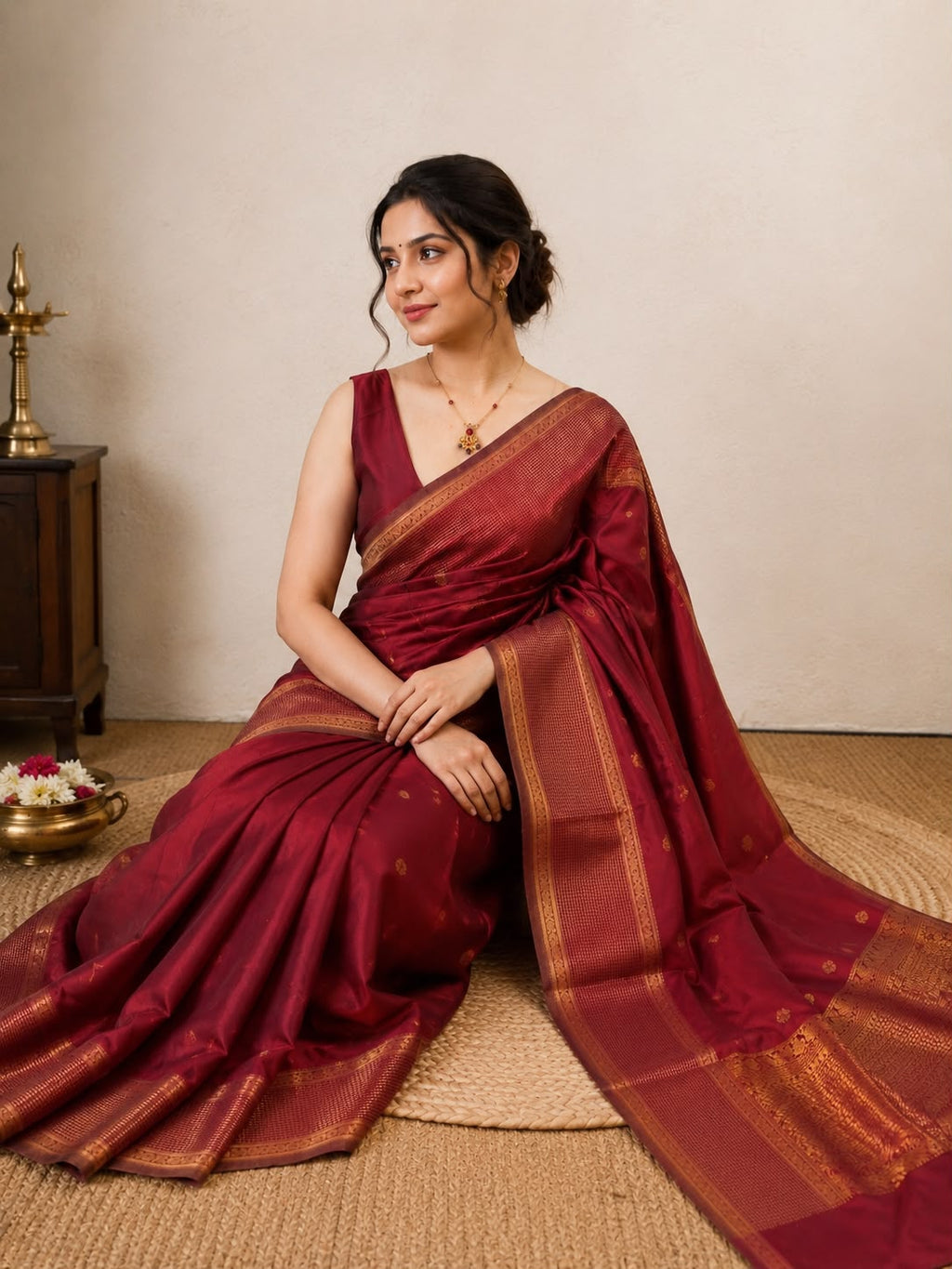 Maroon Small Check Semi Silk Saree