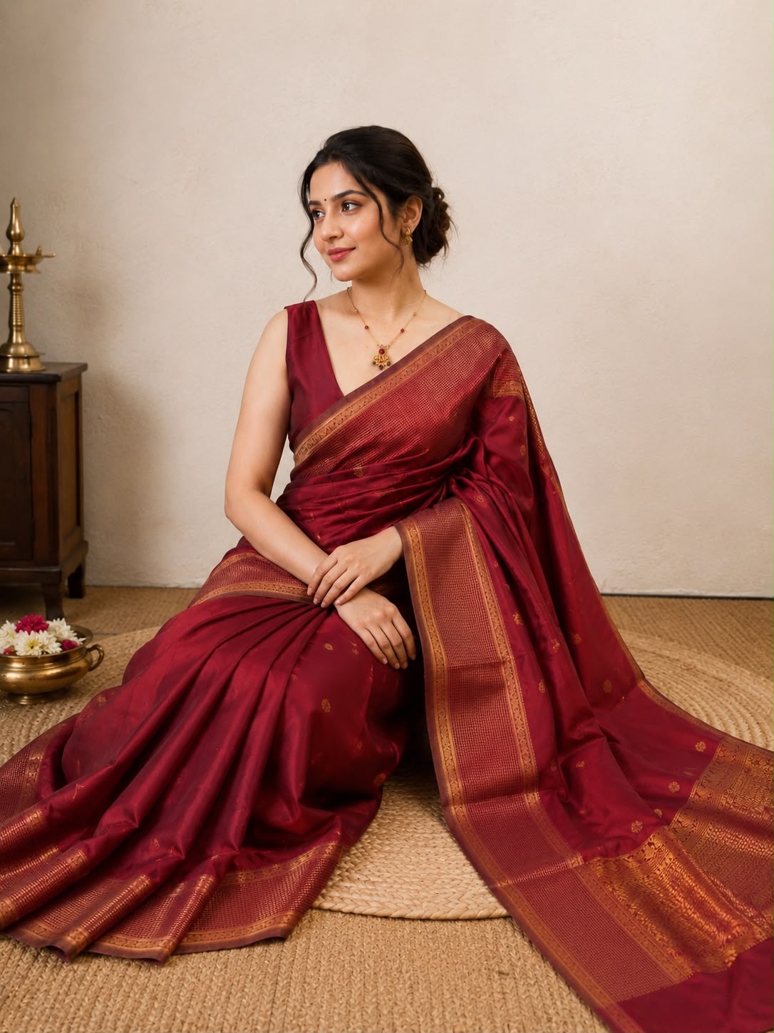Maroon Small Check Semi Silk Saree