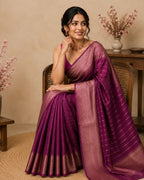 Wine Striped Semi Silk Saree