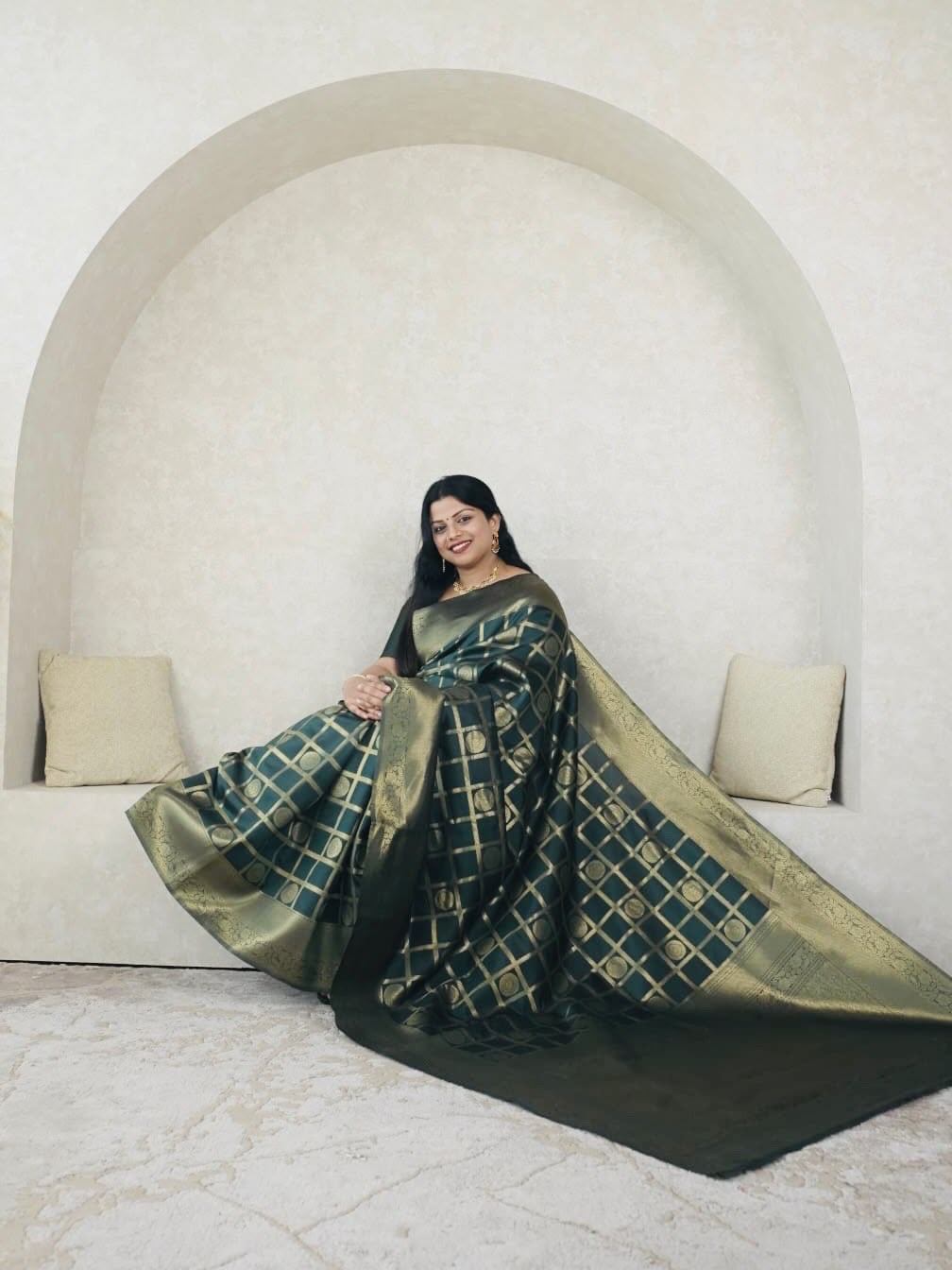 Bottle Green Check Pattern Semi Silk Saree