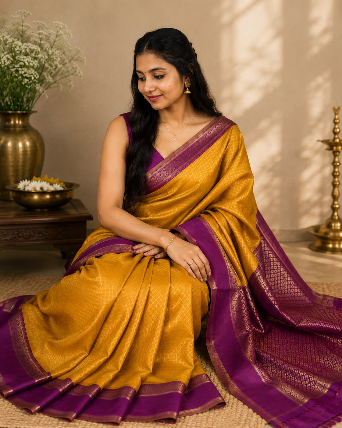 Mustard Yellow Semi Silk Saree