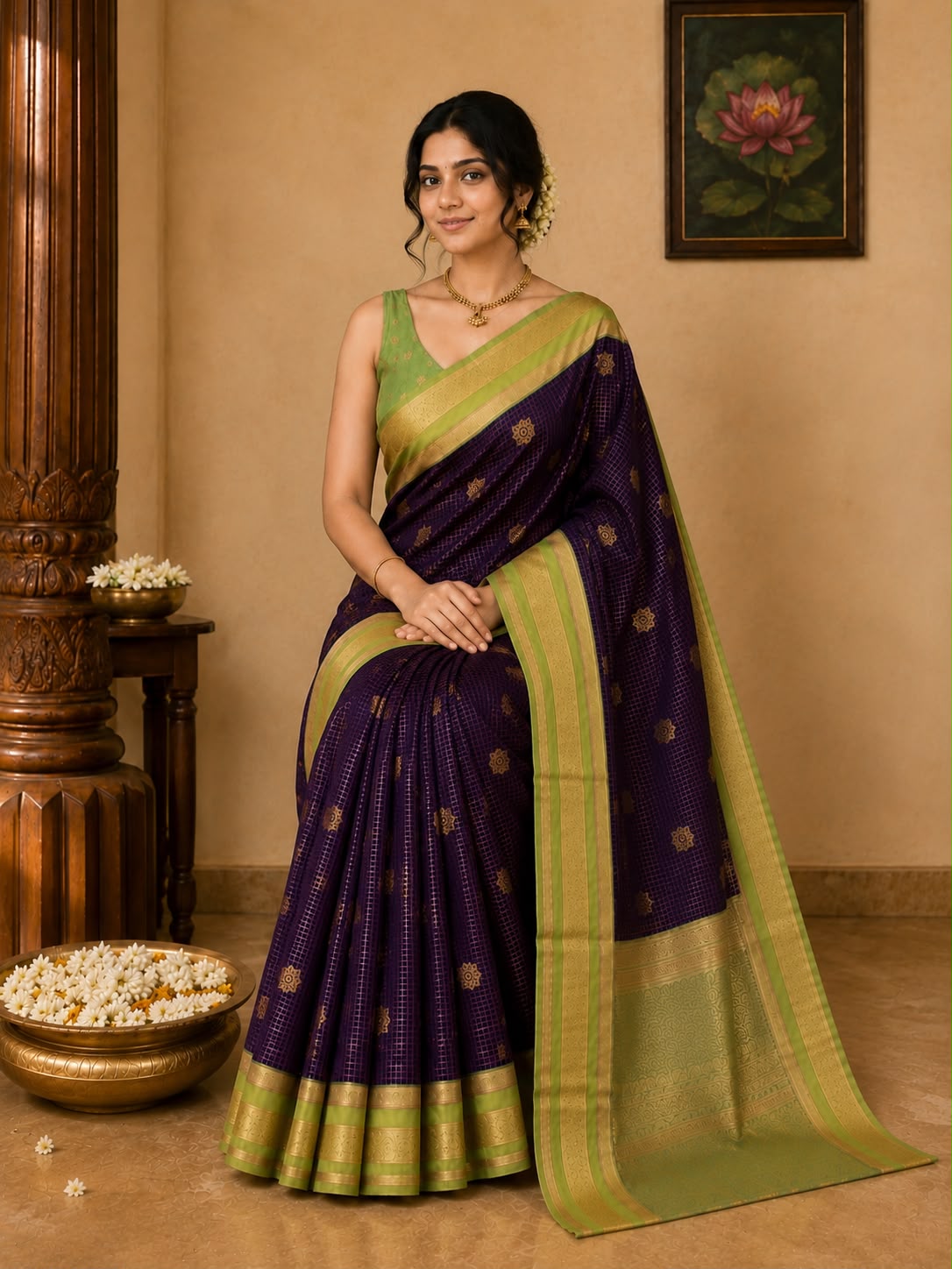 Retta Pet Kunthavai Dark Purple Semi Silk Saree