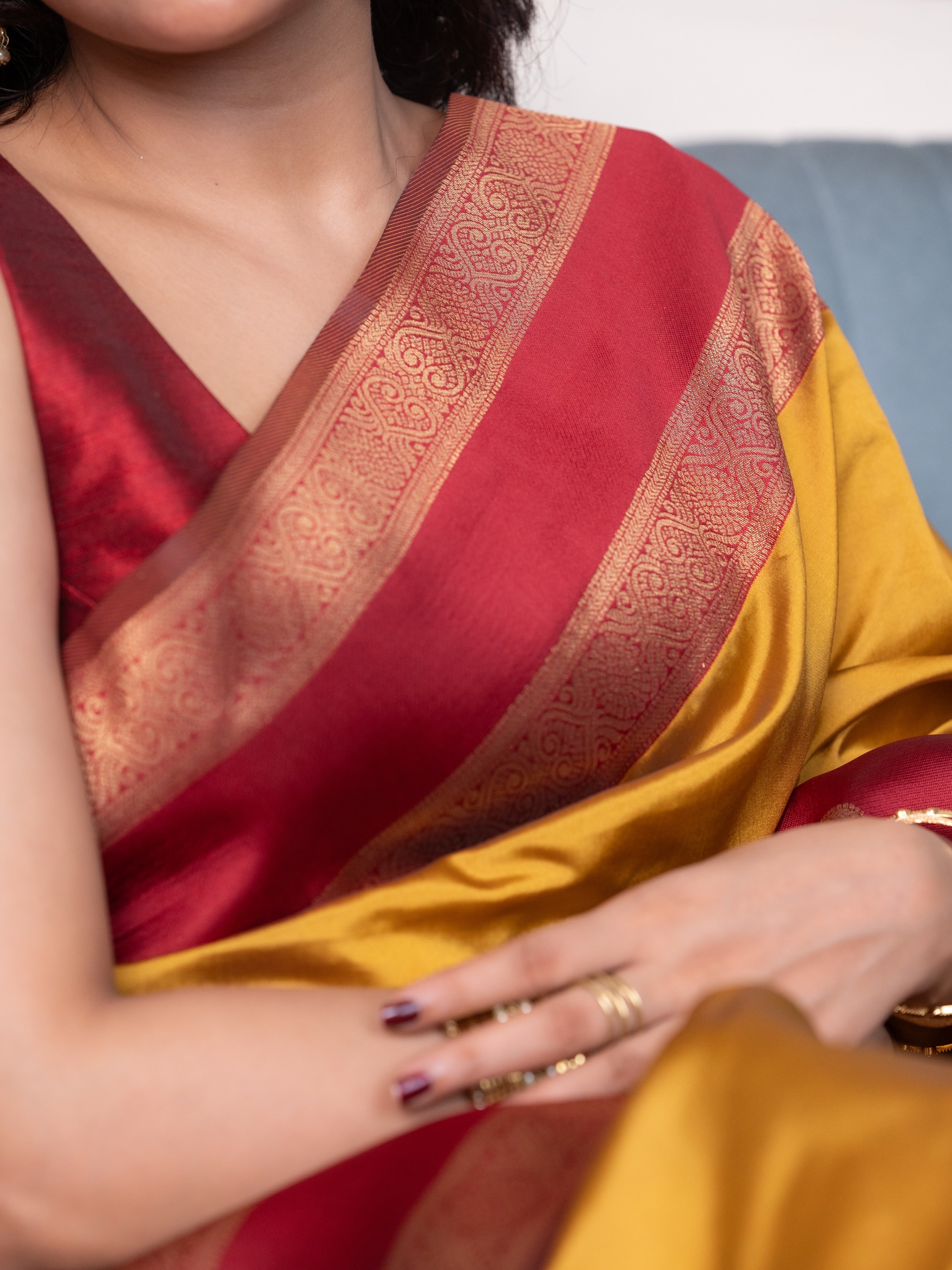 Yellow Semi Silk Saree With Maroon Border