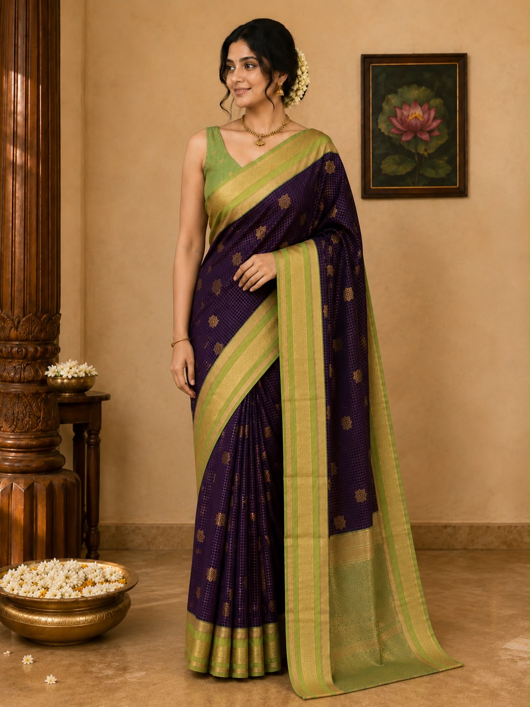 Retta Pet Kunthavai Dark Purple Semi Silk Saree