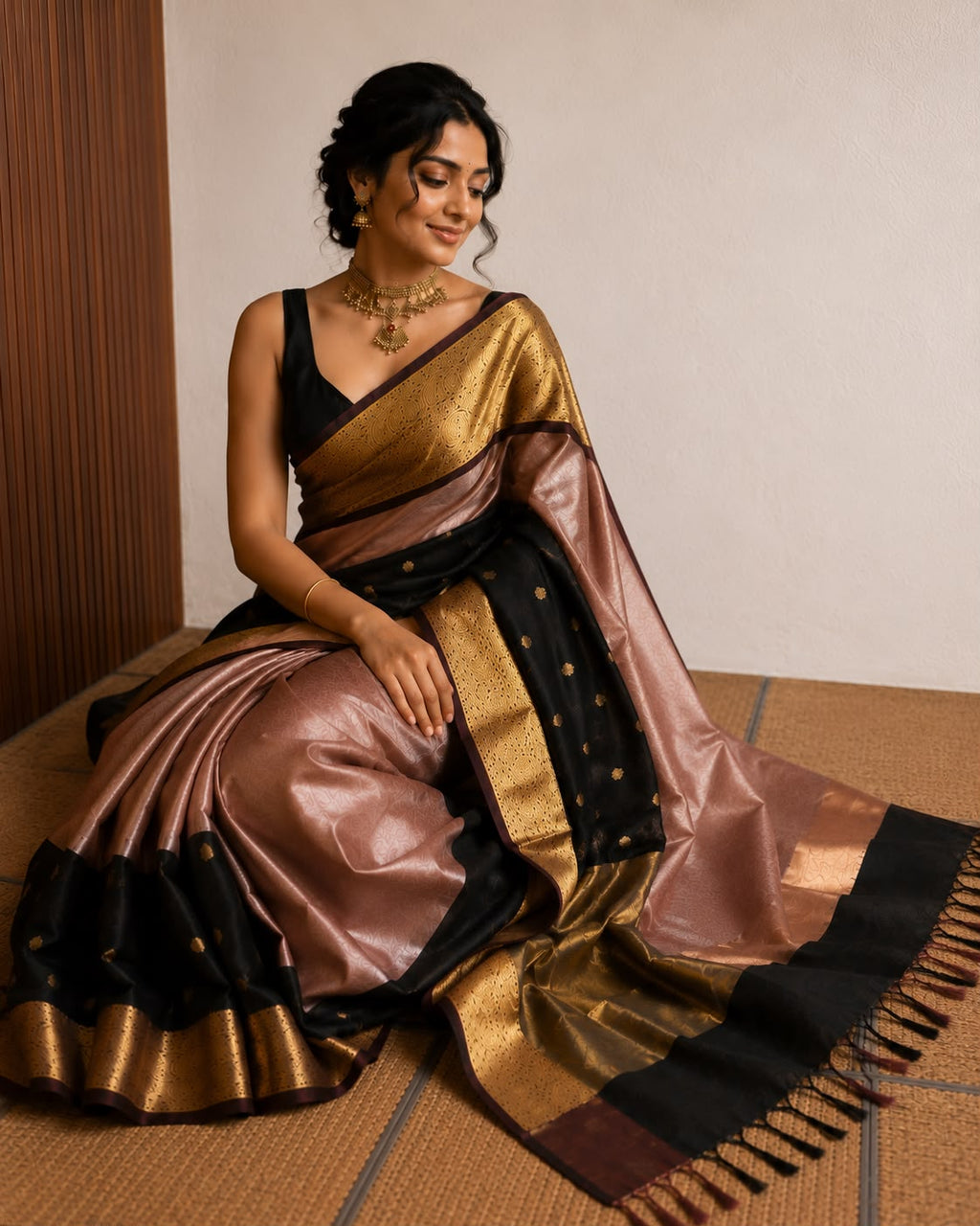 Black & Pink Half Semi Silk & Half Tissue Saree