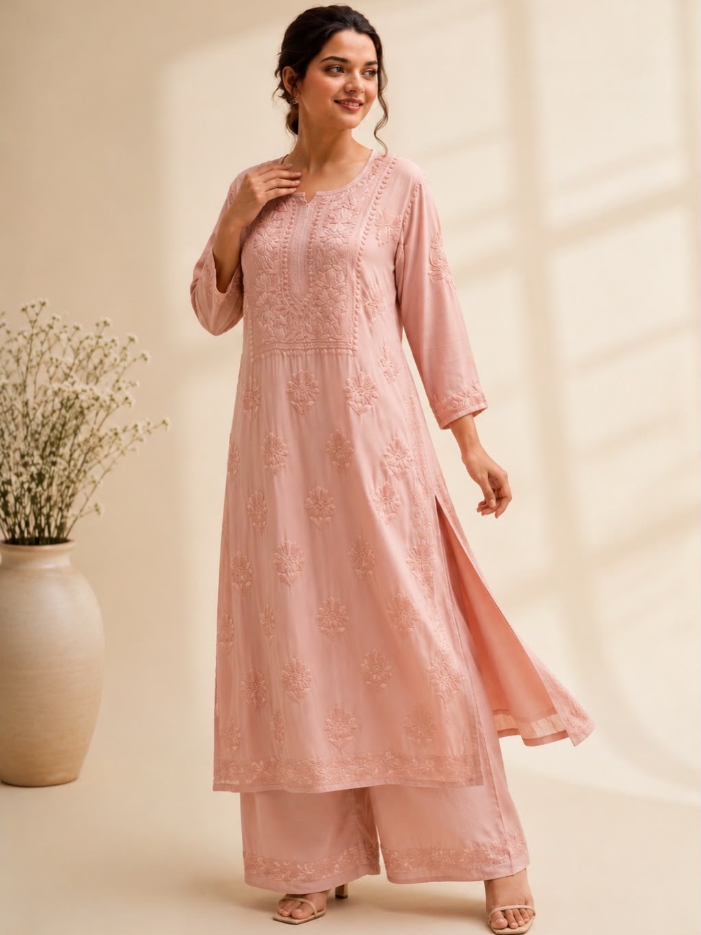 Champagne Colour Chikankari Semi Modal