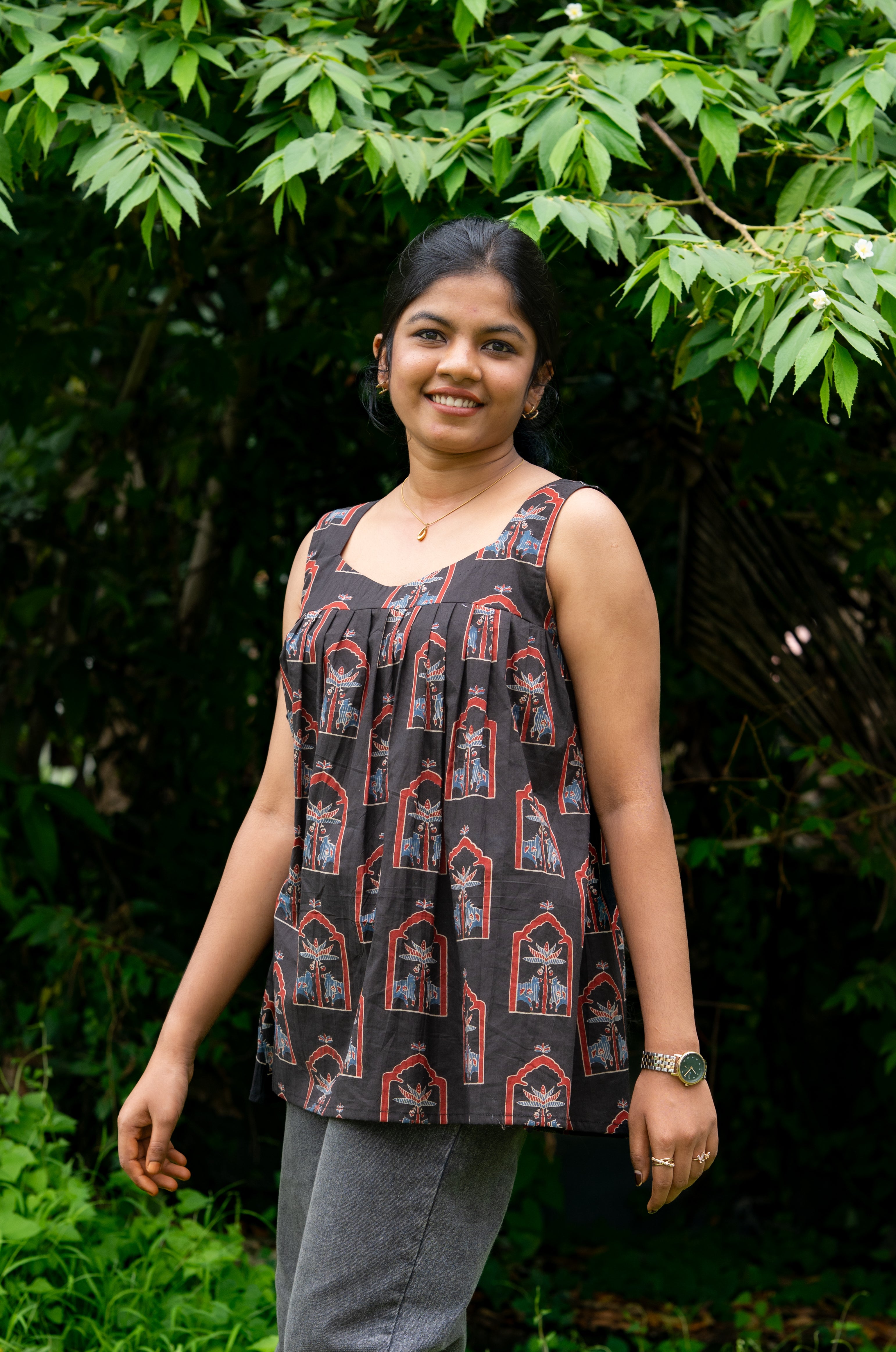 Black Mughal Printed Short Top