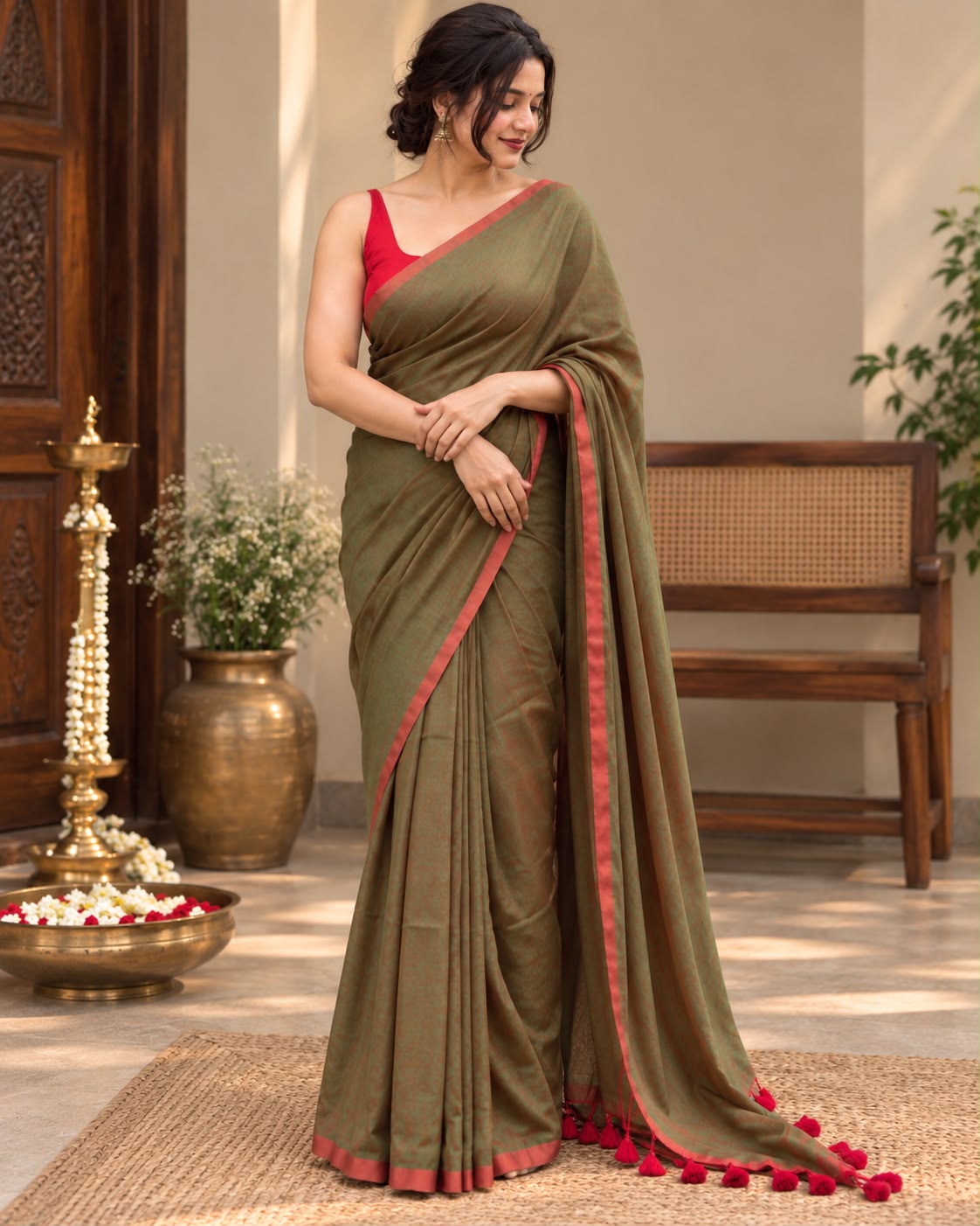 Olive Green Dual Tone Mulcotton Saree LUXSM05