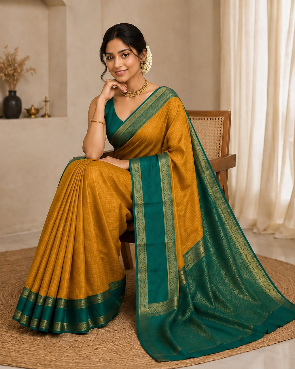 Mustard Yellow Semi Silk Saree With Green Border