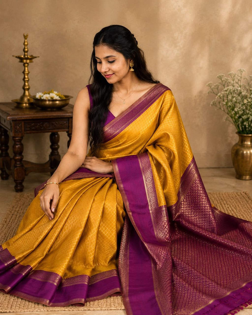 Mustard Yellow Semi Silk Saree