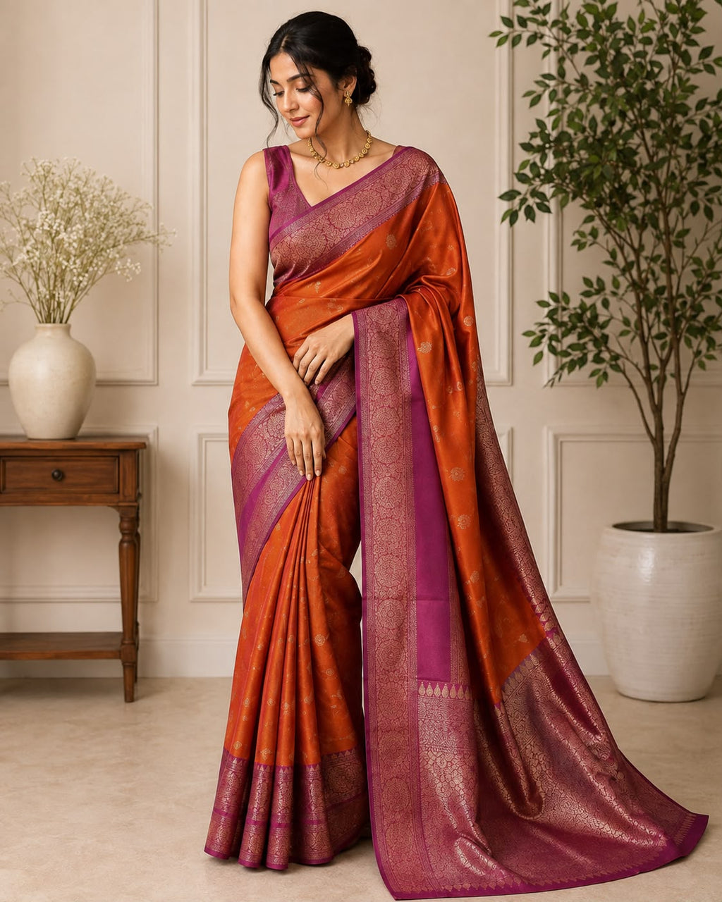 Orange With Ruby Pink Border Semi Silk Saree