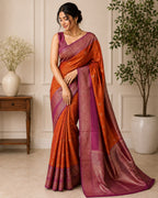 Orange With Ruby Pink Border Semi Silk Saree