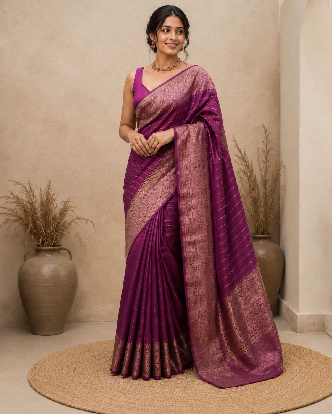 Wine Striped Semi Silk Saree