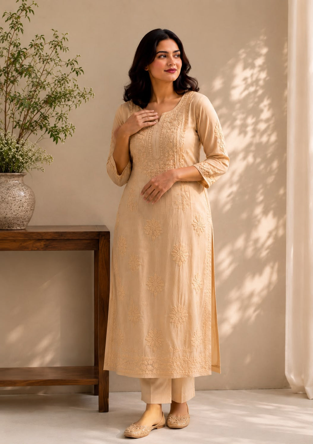 Beige Colour Semi Modal Chikankari