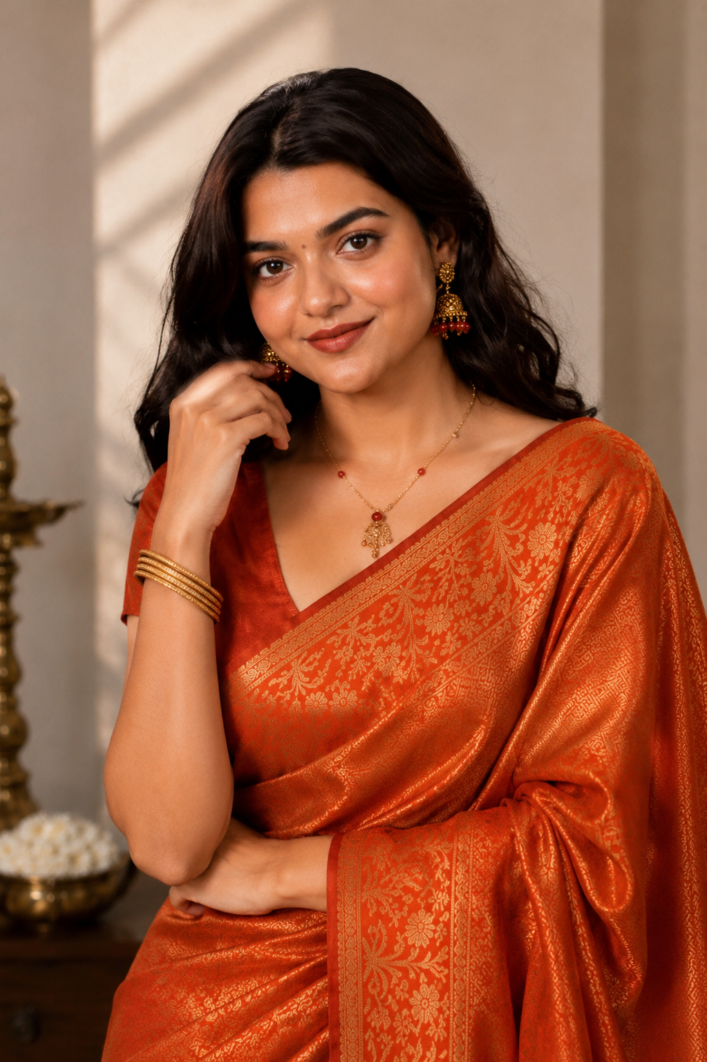 Orange Brocade Semi Silk Saree