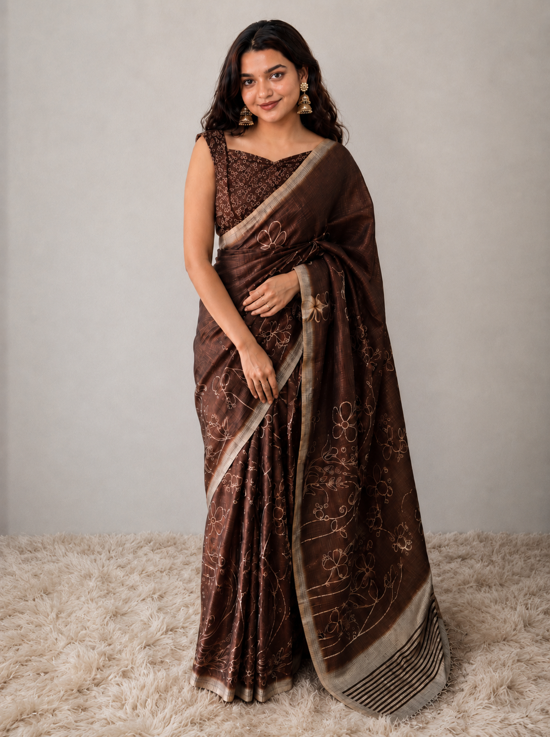 Brown Semi Tussur Saree