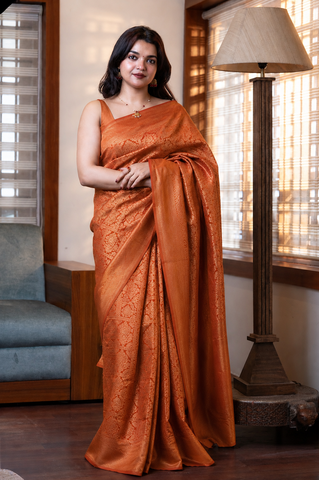 Orange Check Semi Silk Saree