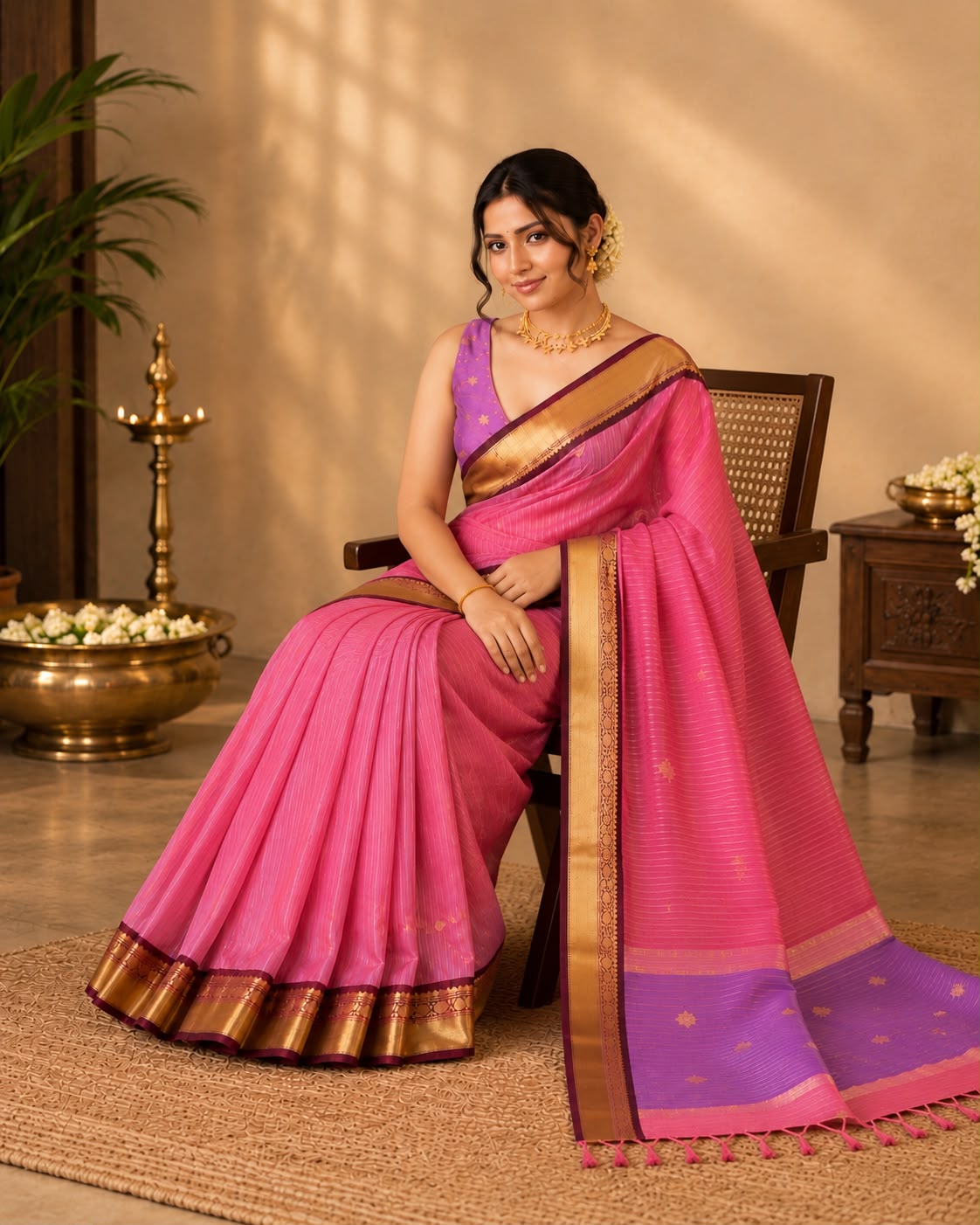 Flamingo Pink semi Silk Saree