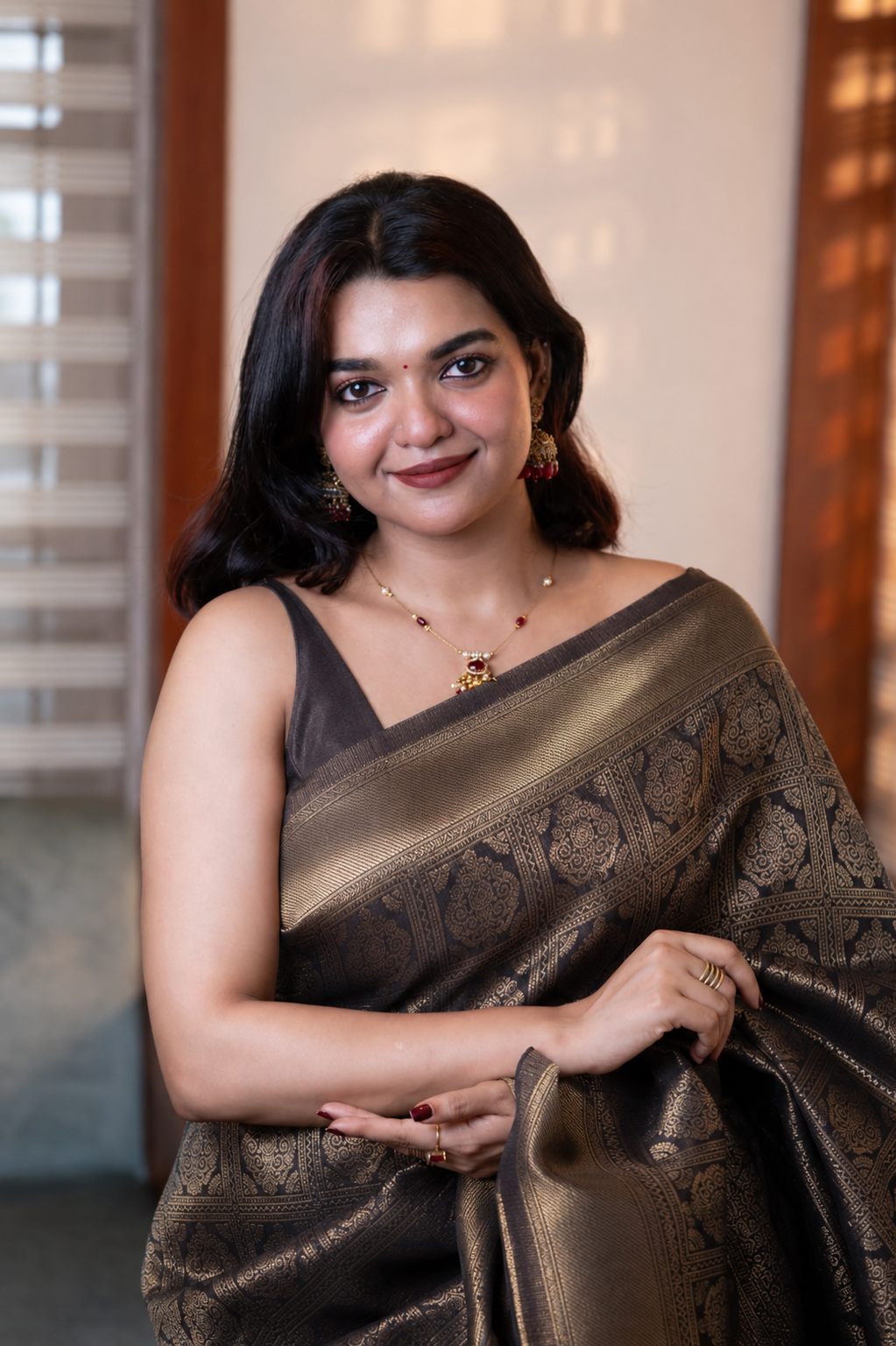Brown Check Semi Silk Saree