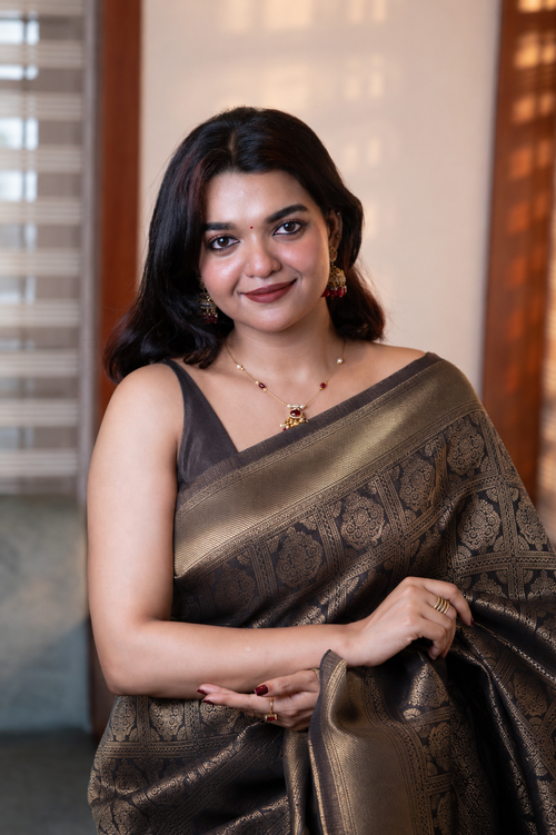 Brown Check Semi Silk Saree