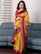 Yellow Semi Silk Saree With Maroon Border