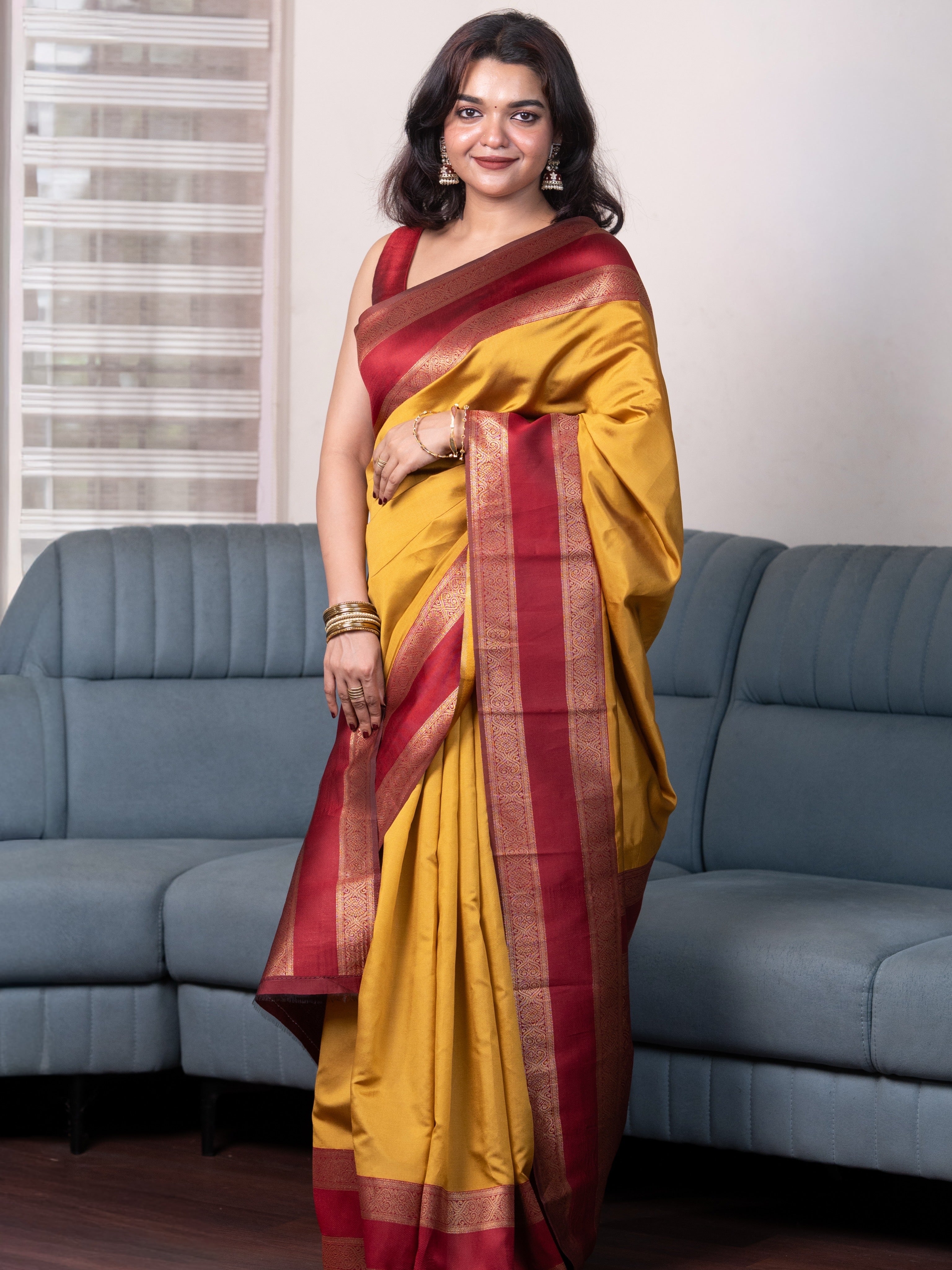 Yellow Semi Silk Saree With Maroon Border