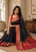 Black With Maroon Boarder Chanderi Saree