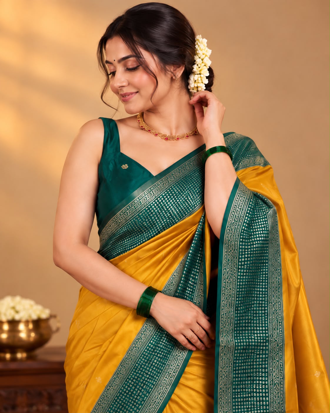 Yellow Semi Silk Saree With Bottle Green Border LUXSS19
