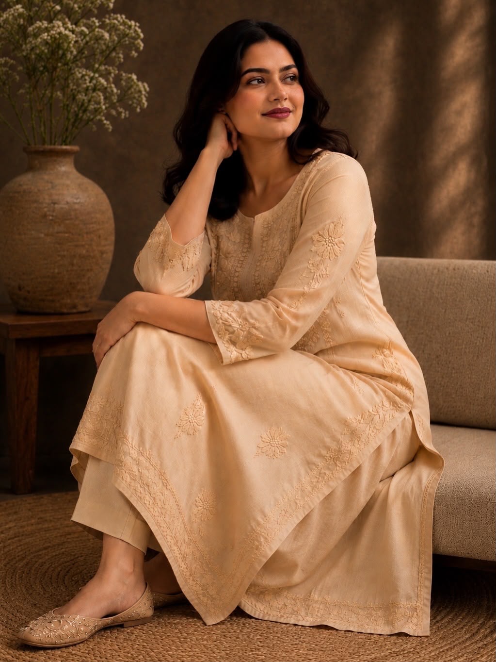 Beige Colour Semi Modal Chikankari
