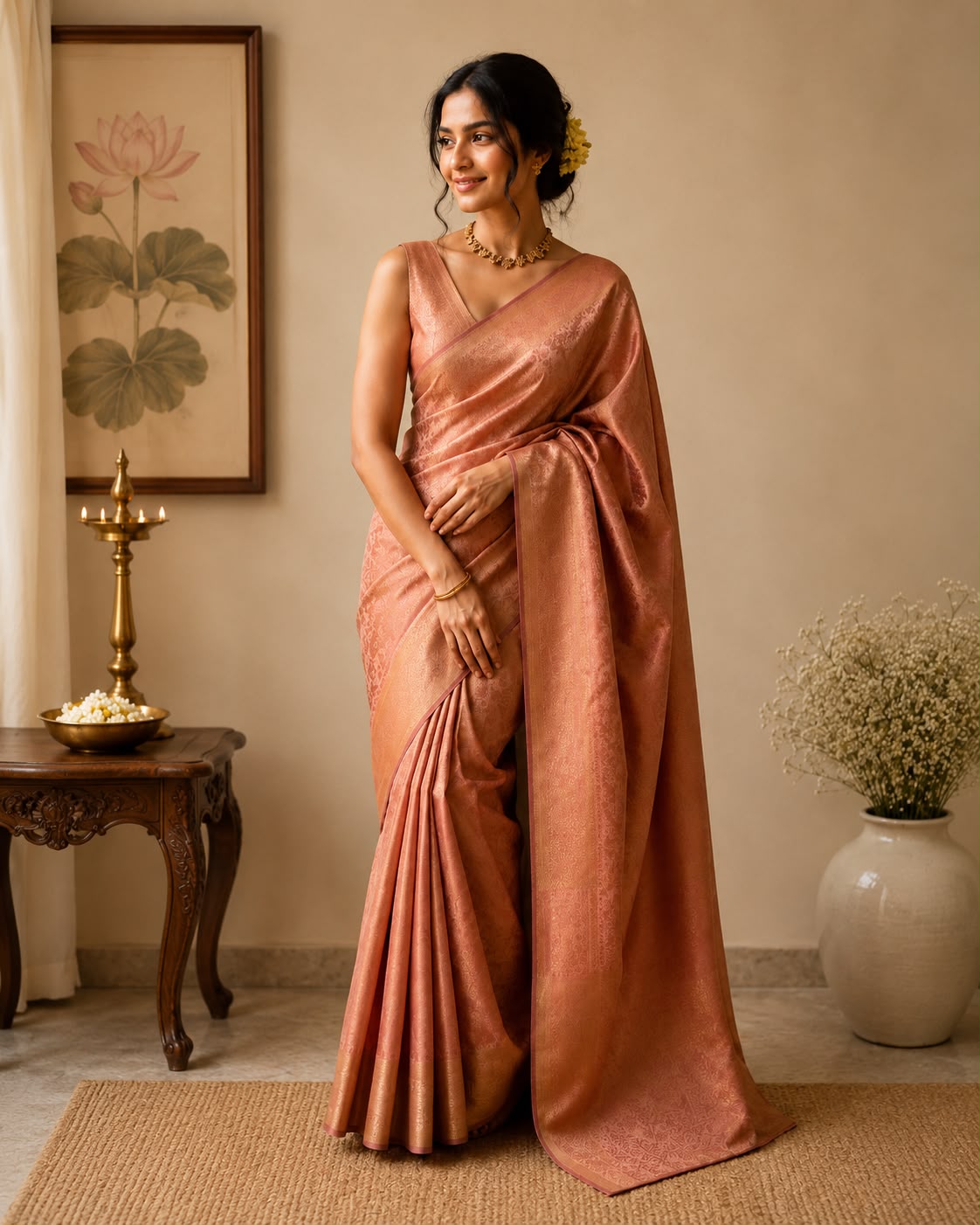 Melon Peach Semi Silk Saree