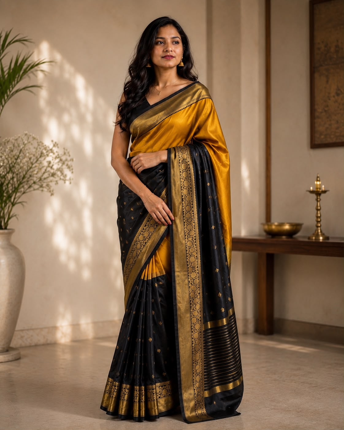 Yellow And Black Half Semi Silk & Half Tissue Saree